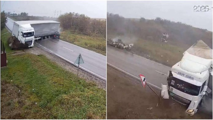 Incident șocant pe E 85: Un camion scăpat de sub control zdrobește un autoturism cu doi pasageri. Coliziunea a fost înregistrată. Incident șocant pe E 85: Un camion scăpat de sub control zdrobește un autoturism cu doi pasageri. Coliziunea a fost înregistrată.