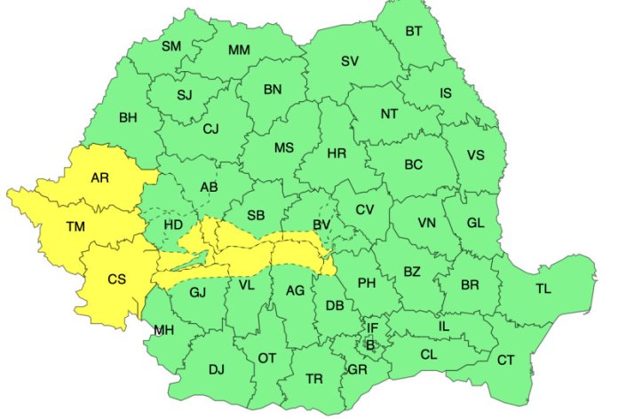 HARTĂ. Specialiștii în meteorologie emit alerte de condiții meteorologice nefavorabile. Aproape 20 de județe se află sub cod galben.