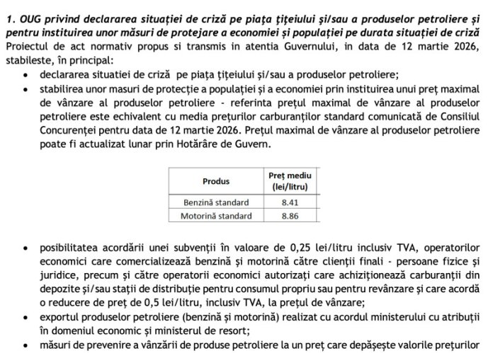 Ministerul Energiei sugerează instituirea stării de urgență pe piața petrolului, cu limitări și taxe diminuate...
