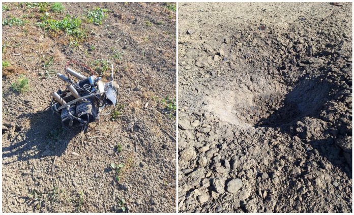 Crater de 1,5 metri, motor de dronă și proiectil neexplodat găsite în Padina, județul Tulcea