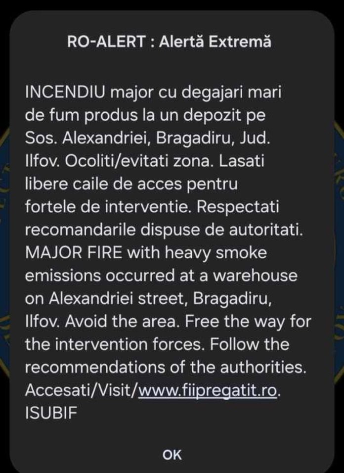 Incendiu de mari dimensiuni la un depozit de anvelope în Bragadiru. A fost emis mesajul RO-Alert.
