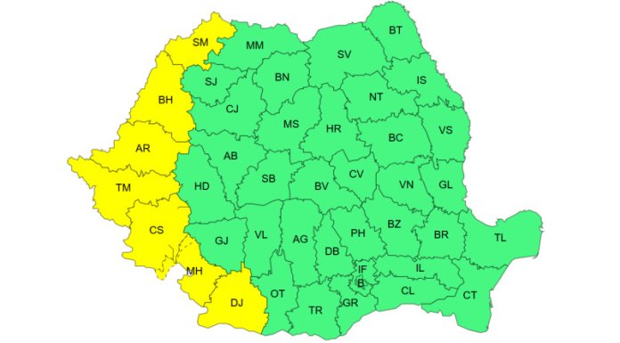 HARTĂ: Cod galben de temperaturi ridicate și furtuni în România - ANM anticipează 37°C și vânturi de 70 km/h.